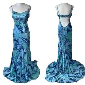 Vintage 90s Y2K Silk Beaded Slip Maxi Dress Open Back Blue Abstract Print 10